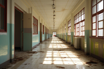 Image of dilapidated school corridor that is outdated and not in use. Generative ai