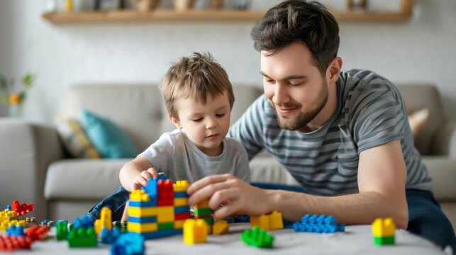 Father and Son Enjoying Playtime with Building Blocks. Generative ai
