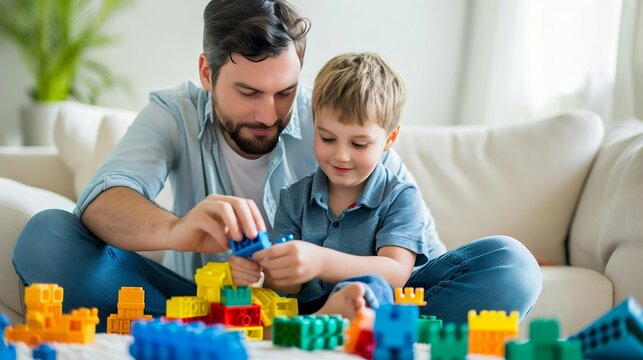 Father and Son Enjoying Playtime with Building Blocks. Generative ai