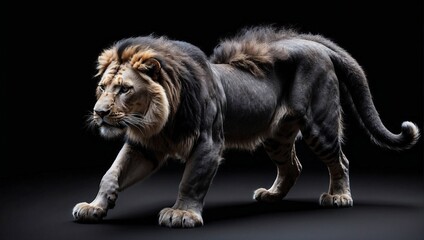 Lion Standing on All Black Background, High Quality