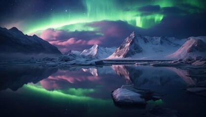 Naklejka premium View of night sky with multicolored aurora borealis and snowy mountains peak background. Night glows in vibrant aurora reflection on the lake with forest. 