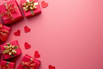 Gifts of Love: Top View Illustration with Red Presents, Golden Bows, and Ribbons on a Pink Valentine's Background