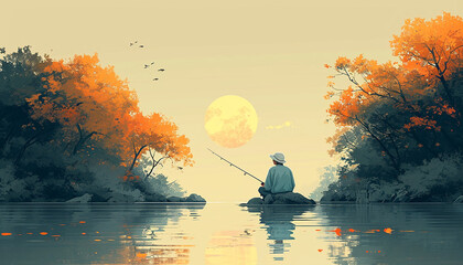 Fisherman fishing at lake with rod and catching fish. Sport outdoor man leisure or relaxation at his hobby, bucket with fish and reed, mountain landscape. Hobby of old fisherman illustration - obrazy, fototapety, plakaty