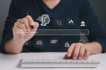 AI technology interface and human interaction. Person interacts with an artificial intelligence command prompt using a stylus, symbolizing modern technology and digital innovation future concepts.