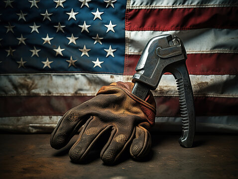Worn work glove holding old wrench, US American flag. Made in USA, American workforce