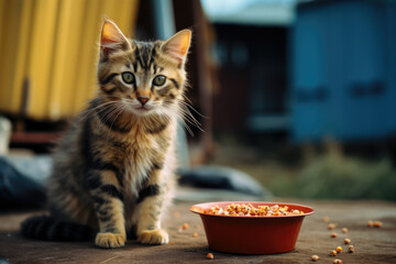 Innocent cute kitten sitting in front of the food bowl