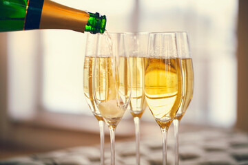 Champagne glasses and champagne bottle. Party concept