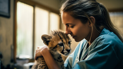 A heartfelt photograph capturing a wildlife rehabilitation center in action, with dedicated staff caring for injured and orphaned animals, showcasing the compassion and commitment to wildlife welfare - obrazy, fototapety, plakaty