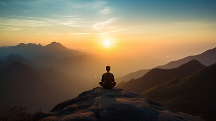 A peaceful photo capturing a person meditating on a mountaintop at sunrise, the tranquil setting and connection with nature representing the journey of self-discovery. - obrazy, fototapety, plakaty