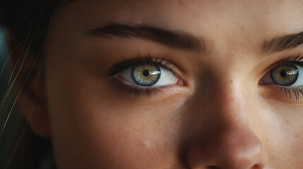 Obraz premium A striking close-up photo of a person's face, expressions revealing deep introspection and contemplation, representing inner exploration and personal growth.