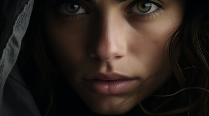 Fototapeta premium A striking close-up photo of a person's face, expressions revealing deep introspection and contemplation, representing inner exploration and personal growth.