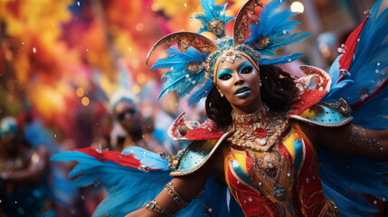 A vibrant photograph capturing a colorful and lively carnival parade, with costumed performers in elaborate outfits, showcasing the energy and vivacity of the celebration - obrazy, fototapety, plakaty