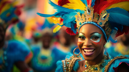 
A vibrant photograph capturing a colorful and lively carnival parade, with costumed performers in elaborate outfits, showcasing the energy and vivacity of the celebration