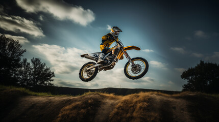 A breathtaking photo of a daredevil motocross rider executing a mid-air trick, the daring jump and...