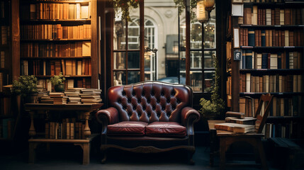 A captivating photograph capturing a bookshop with cozy reading nooks and antique leather-bound books, showcasing the charm of the bookstore and the journey into the timeless appeal of literature - obrazy, fototapety, plakaty