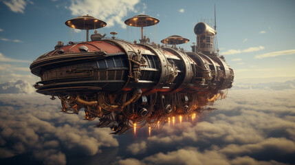 A captivating photo of a steampunk-inspired airship navigating through a fantastic realm, showcasing retro-futuristic aesthetics and a journey into a world of steam-powered fantasy. - obrazy, fototapety, plakaty