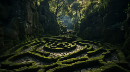 A captivating photograph capturing an intricate, enchanted labyrinth with twists and turns, showcasing the elaborate design and the sense of wonder found in exploring magical mazes - obrazy, fototapety, plakaty