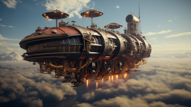 A captivating photo of a steampunk-inspired airship navigating through a fantastic realm, showcasing retro-futuristic aesthetics and a journey into a world of steam-powered fantasy.