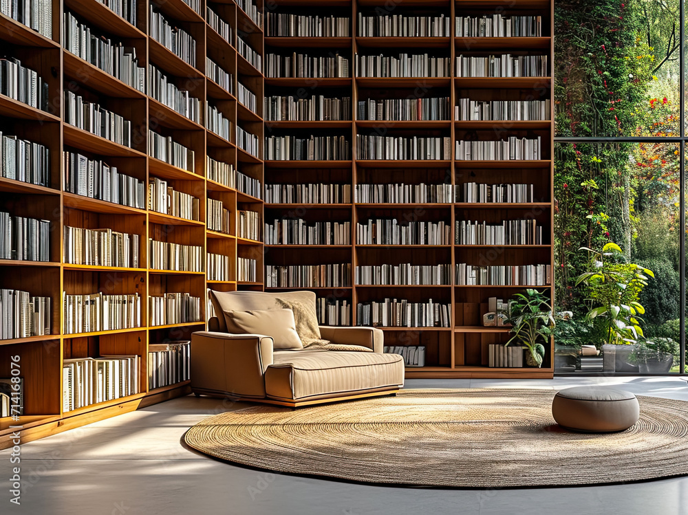 Wall mural Home library with bookshelves on the wall, panoramic windows - Wall murals