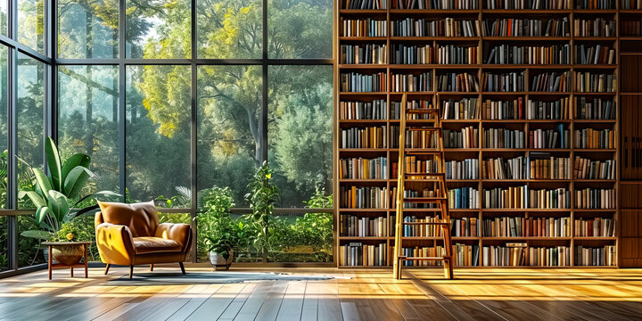 Home library with bookshelves on the wall, panoramic windows