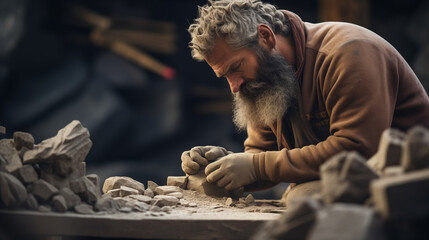An evocative photograph of a sculptor passionately chiseling away at a block of stone, capturing the transformative process of art creation - obrazy, fototapety, plakaty
