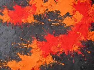 Orange and red paint splashes on a black background. Abstract background