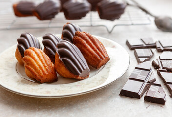 Traditional homemade classic biscuit French Madeleine lemon cookies in chocolate glaze