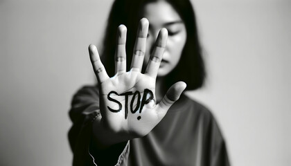 Silent cry: woman's Hand with 'STOP!' message advocating against domestic violence - obrazy, fototapety, plakaty