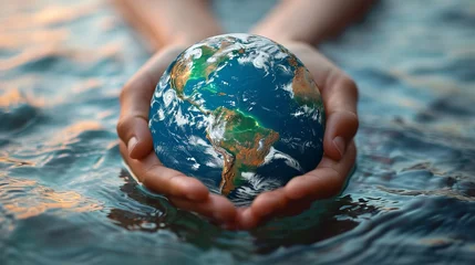 Fotobehang A hand holding globe, world water day concept to promote environmental protection, Generative AI. © Noobs