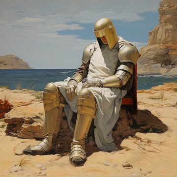 Tired medieval commander sitting images Generative AI