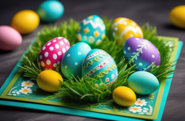 Fototapeta na wymiar Happy Easter greeting card with colorful eggs and flowers on blue background.