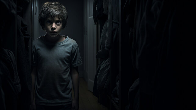 A child looks shocked and scared in the closet