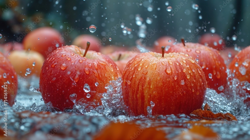 Poster a group of red apples sitting on top of a table covered in water and floating on top of a pile of le