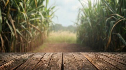 Empty wooden brown table top with blur background of sugarcane plantation - obrazy, fototapety, plakaty