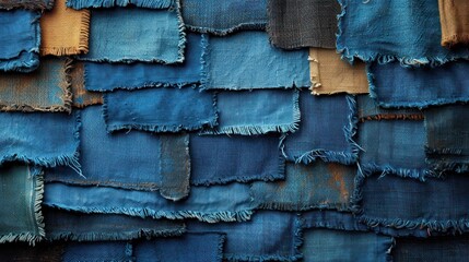  a close up of a piece of cloth that has been made with different colors of blue, brown, yellow and black fabric with fringes of different sizes and shapes. - obrazy, fototapety, plakaty