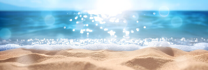 Sand With Blue Sea - Beach Summer Defocused Background With Glittering Of Sunlights - obrazy, fototapety, plakaty