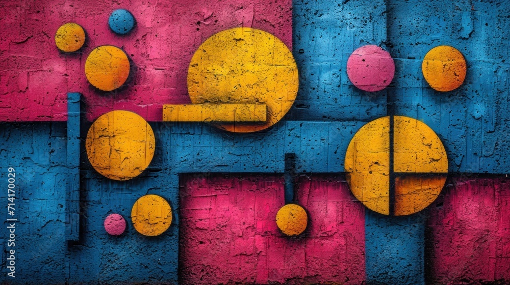 Poster a close up of a painting on the side of a building with different colored circles and shapes on the 