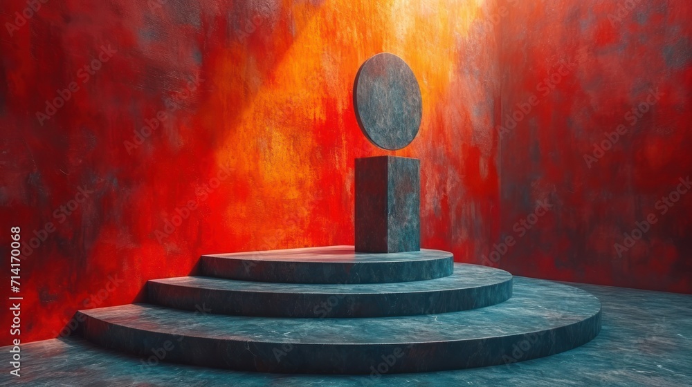 Poster a painting of a round object sitting on top of a set of stairs in a room with red walls and a red wa