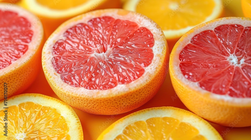 Poster a close up of a grapefruit cut in half on a yellow surface with other grapefruit cut in half on top 