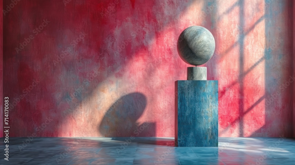 Poster  a painting of a ball sitting on top of a cement block in a room with a red wall and a shadow of a person standing on the floor next to it.