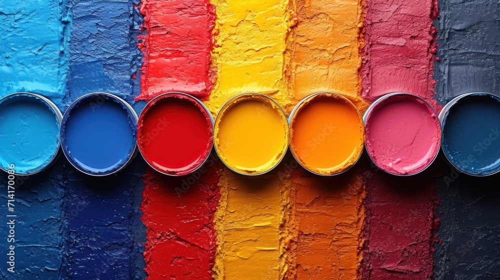 Poster a row of paint cans with different colors of paint next to each other on a multicolored background o