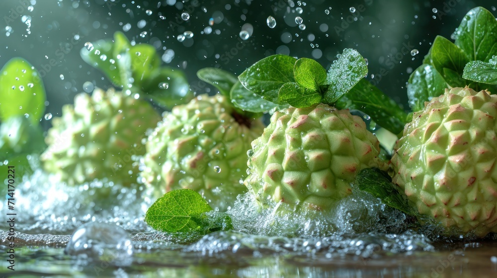 Poster a close up of a bunch of fruit on a table with water splashing off of the top and leaves on the bott
