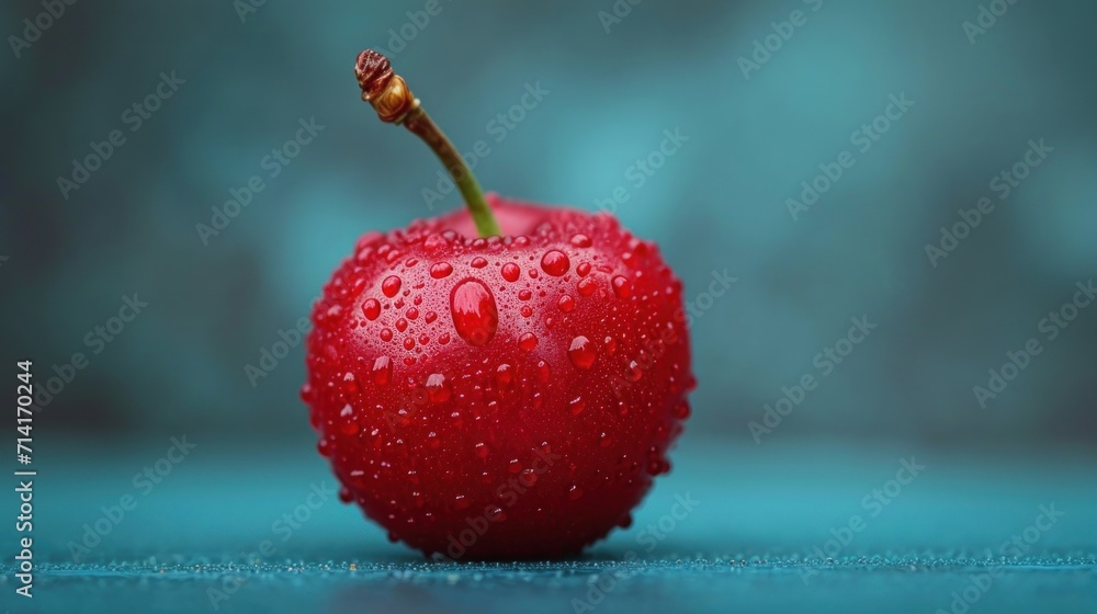 Poster a red apple sitting on top of a table with water droplets on the top of it and a stem sticking out o