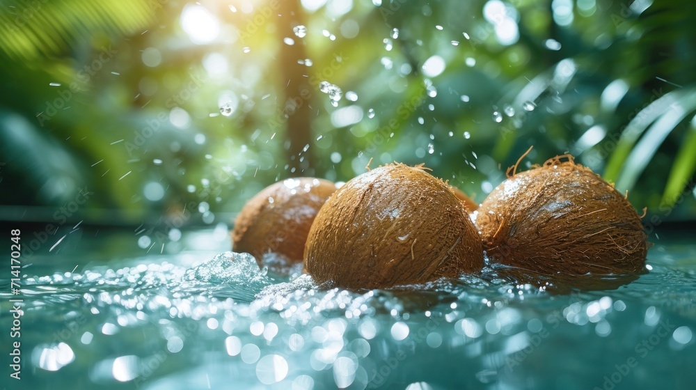 Poster three coconuts sitting on top of a pool of water with drops of water coming off of the top of the co