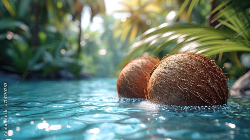Poster a close up of two coconuts in a pool of water with palm trees in the background and sunlight shining