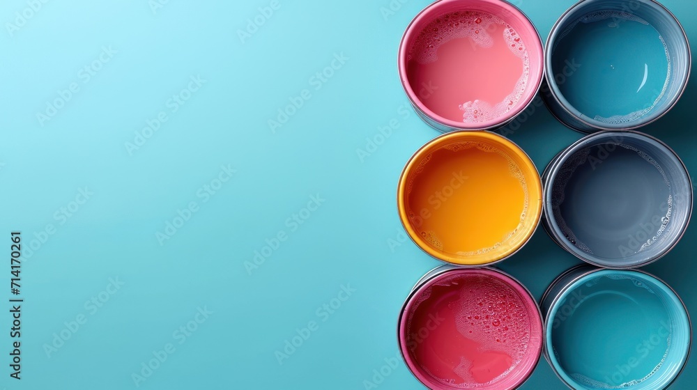 Poster four buckets of different colors of paint on a blue background with a reflection of the paint in the