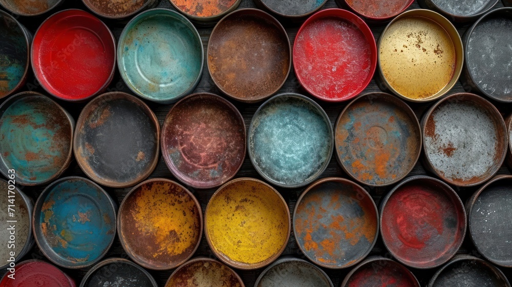 Poster a close up of a bunch of different colors of paint in a metal container with some rust on the top of