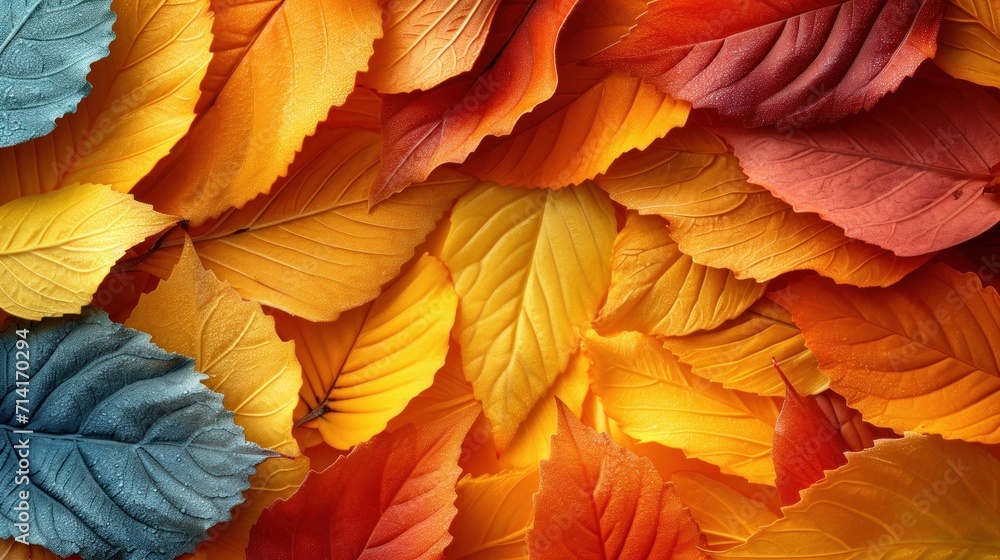 Poster a close up of a bunch of different colored leaves with a blue one in the middle of the picture and a