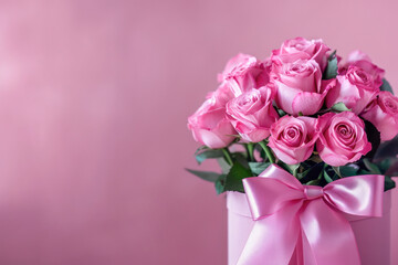 A beautiful bouquet of pink roses in a pink gift box with a satin bow on pink background with copy space.