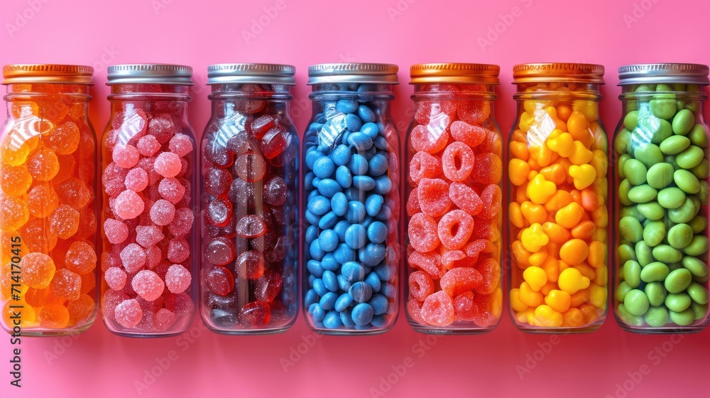 Poster a row of glass jars filled with different types of candies on a pink background with a pink backgrou